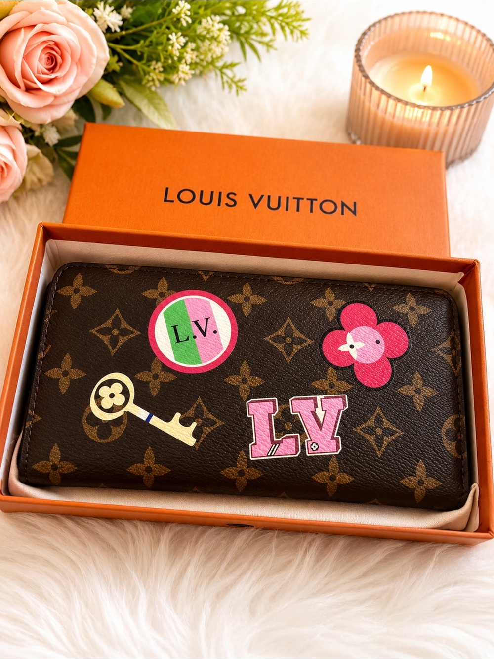 Source Unknown Louis Vuitton Brown Wallet with Pink and Green Accents